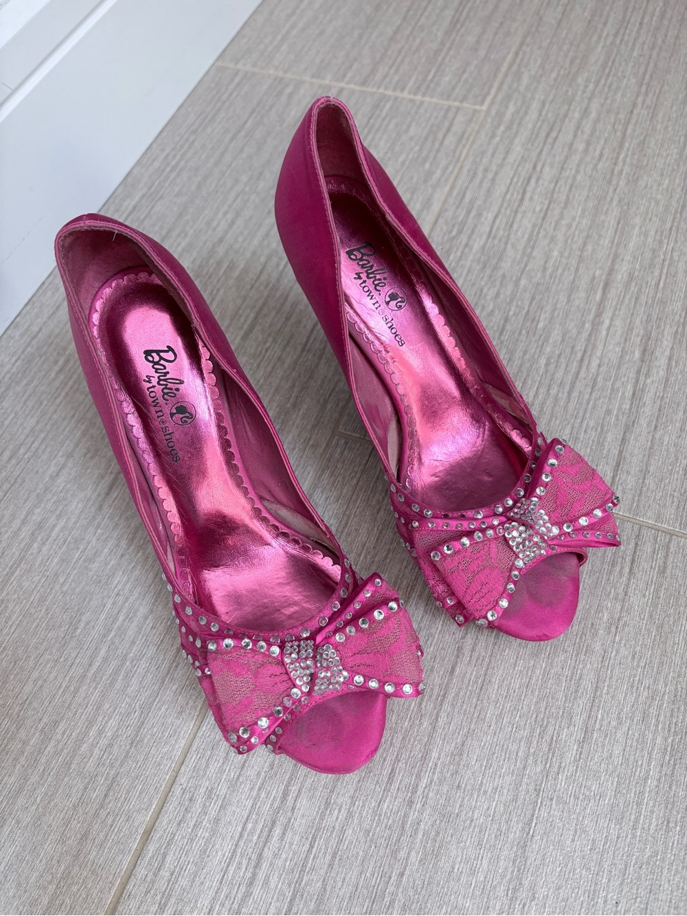 Barbie Bright Pink Satin Peep-Toe Heels with Crystal Bow Accent